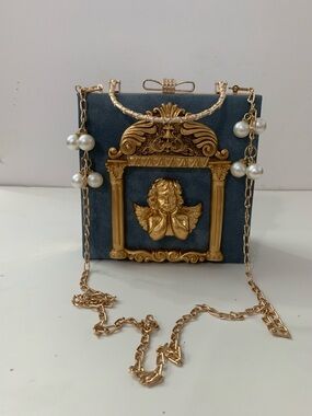 Love Angel Gold-Appliqué Blue Crossbody Bag with Pearl Chain